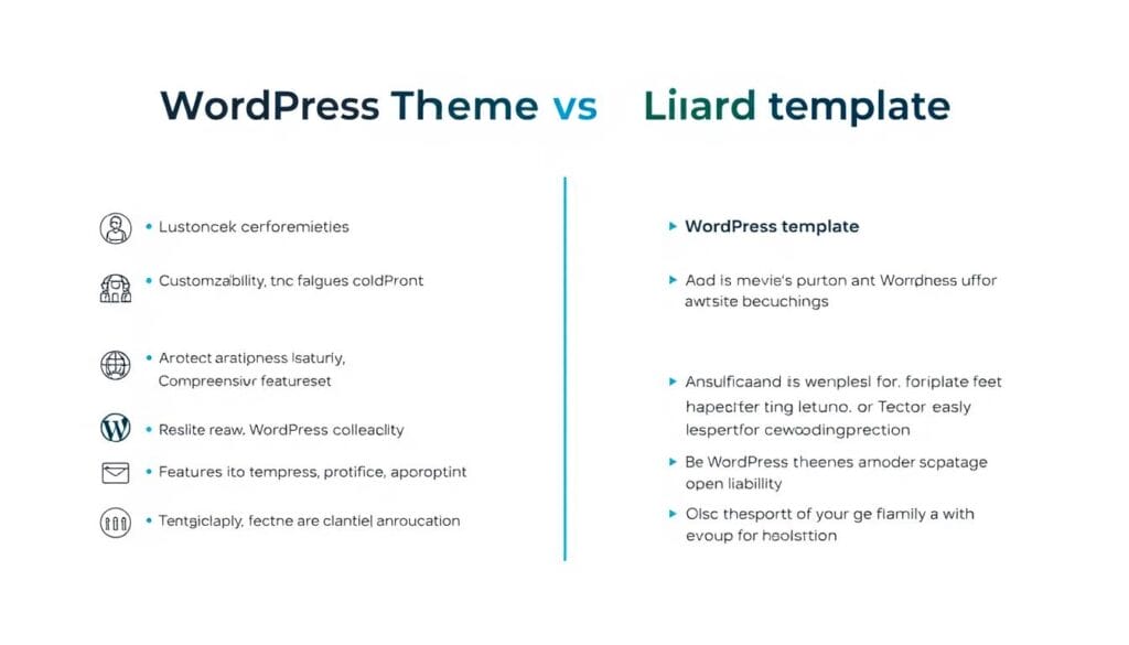 A clean, modern comparison chart displaying the key differences between WordPress themes and templates. The chart is set against a minimalist white background, with a subtle grid pattern providing structure. The chart itself features two distinct columns, each with clear, concise headers. The left column showcases a WordPress theme, with icons and descriptions highlighting its customizability, design flexibility, and comprehensive feature set. The right column depicts a WordPress template, emphasizing its focus on specific layouts and functionality. The overall aesthetic is professional, informative, and visually appealing, making it an ideal illustration for the article's "WordPress Theme vs Template: Key Differences" section.