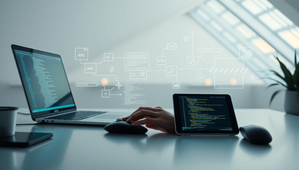 Systematic coding process: A minimalist workspace with a laptop, tablet, and programmer's tools like a mouse, keyboard, and code editor. Soft, ambient lighting illuminates the scene, creating a focused, serene atmosphere. The foreground features a hands-on typing or coding action, while the middle ground showcases various programming elements like code snippets, flowcharts, and debugging tools. The background blends a clean, futuristic architectural backdrop with subtle digital patterns, hinting at the computational nature of the task. The overall composition conveys a sense of methodical, step-by-step progression in the software development journey.