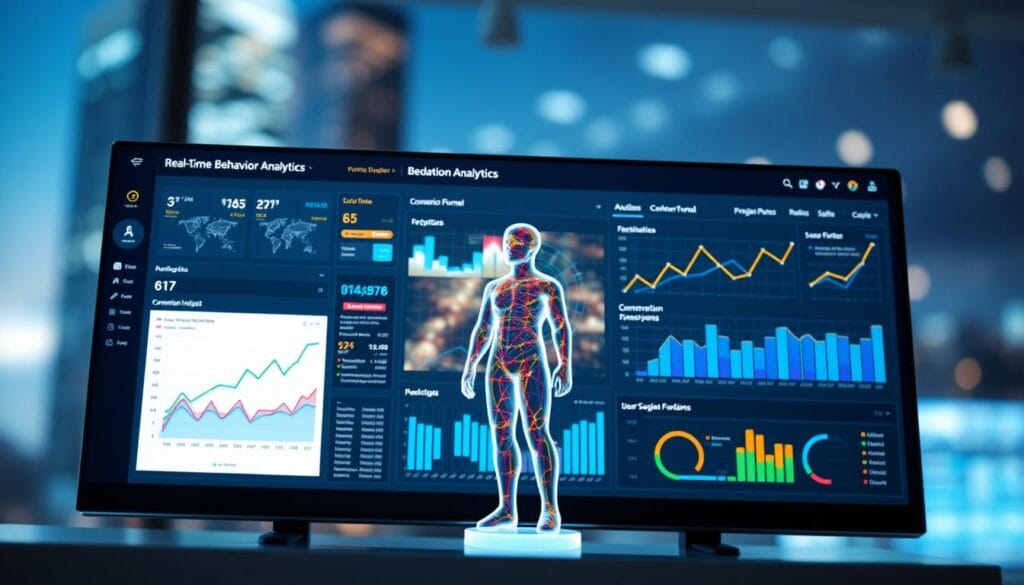 A dynamic data visualization dashboard showcasing real-time behavior analytics and A/B testing insights. In the foreground, a sleek UI displays clickstream data, conversion funnels, and user segmentation charts. The middle ground features a 3D model of a user persona, their actions and interactions visualized as colorful lines and nodes. The background depicts a blurred cityscape, hinting at the global reach and scale of the analytics platform. Soft lighting casts a subtle glow, creating a sense of technological sophistication. The overall atmosphere conveys data-driven decision making and continuous optimization to drive marketing success.